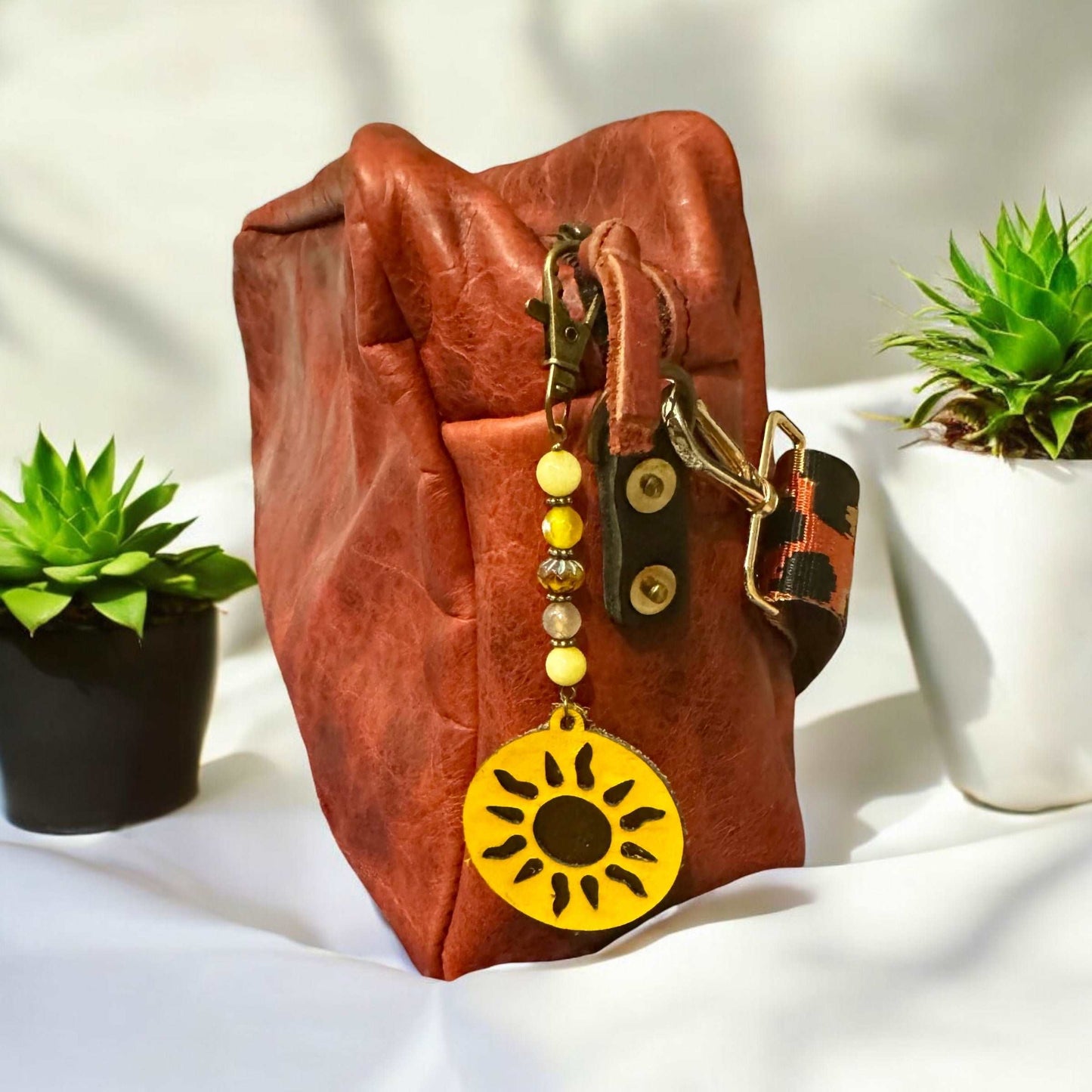 Handcrafted Sun Charm with Yellow Gemstone Beads & Copper Contrast | Versatile Keychain & Accessory