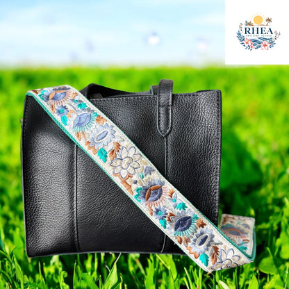 Ethically crafted embroidered replacement purse strap in Aqua Blue , featuring intricate sunflower motifs on a cream background.
