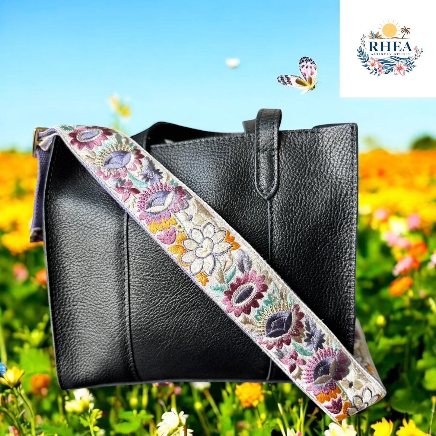 Ethically crafted embroidered replacement purse strap in lavender, featuring intricate sunflower motifs on a cream background in a garden