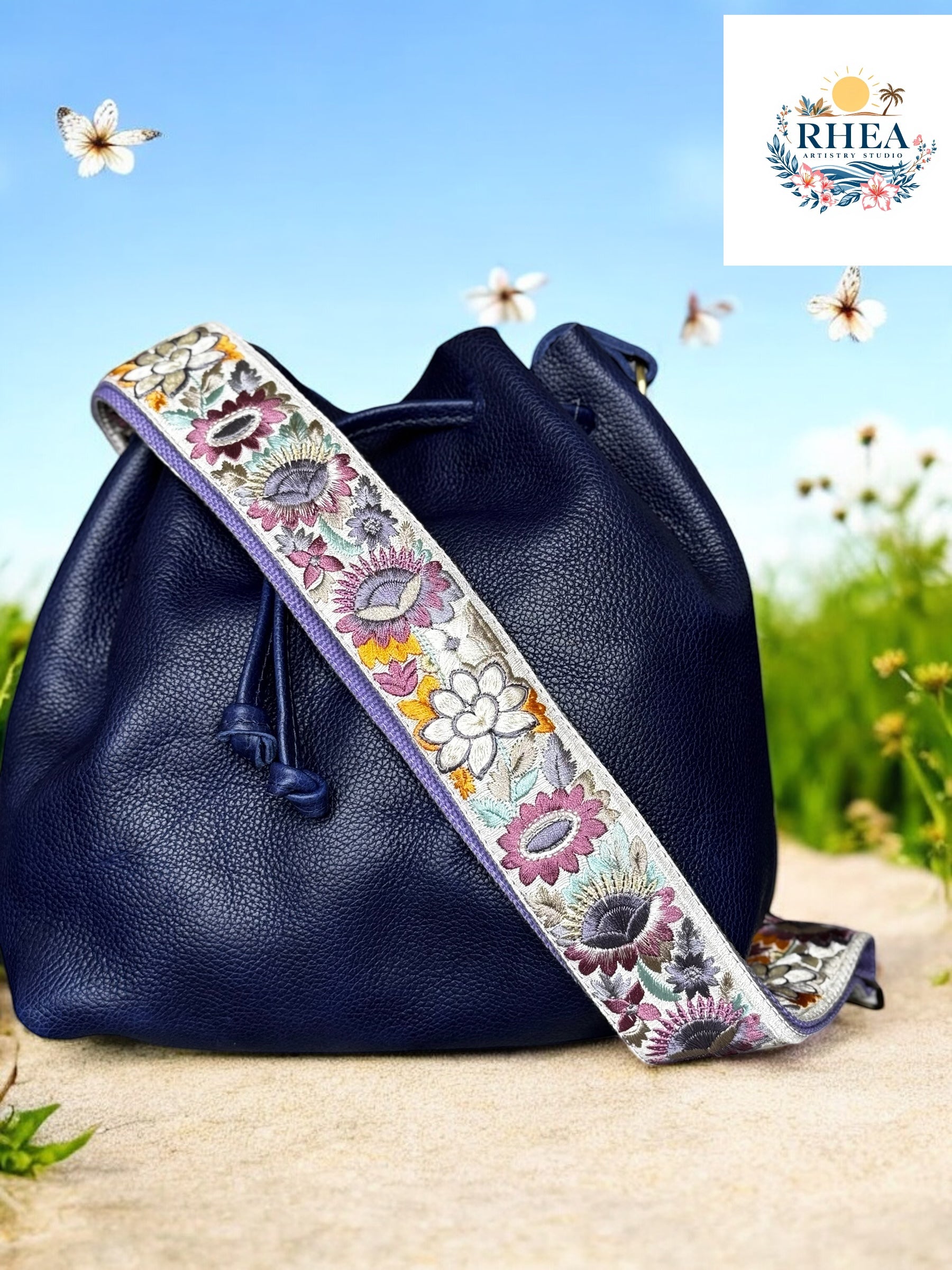 Ethically crafted embroidered replacement purse strap in lavender, featuring intricate sunflower motifs on a cream background at garden