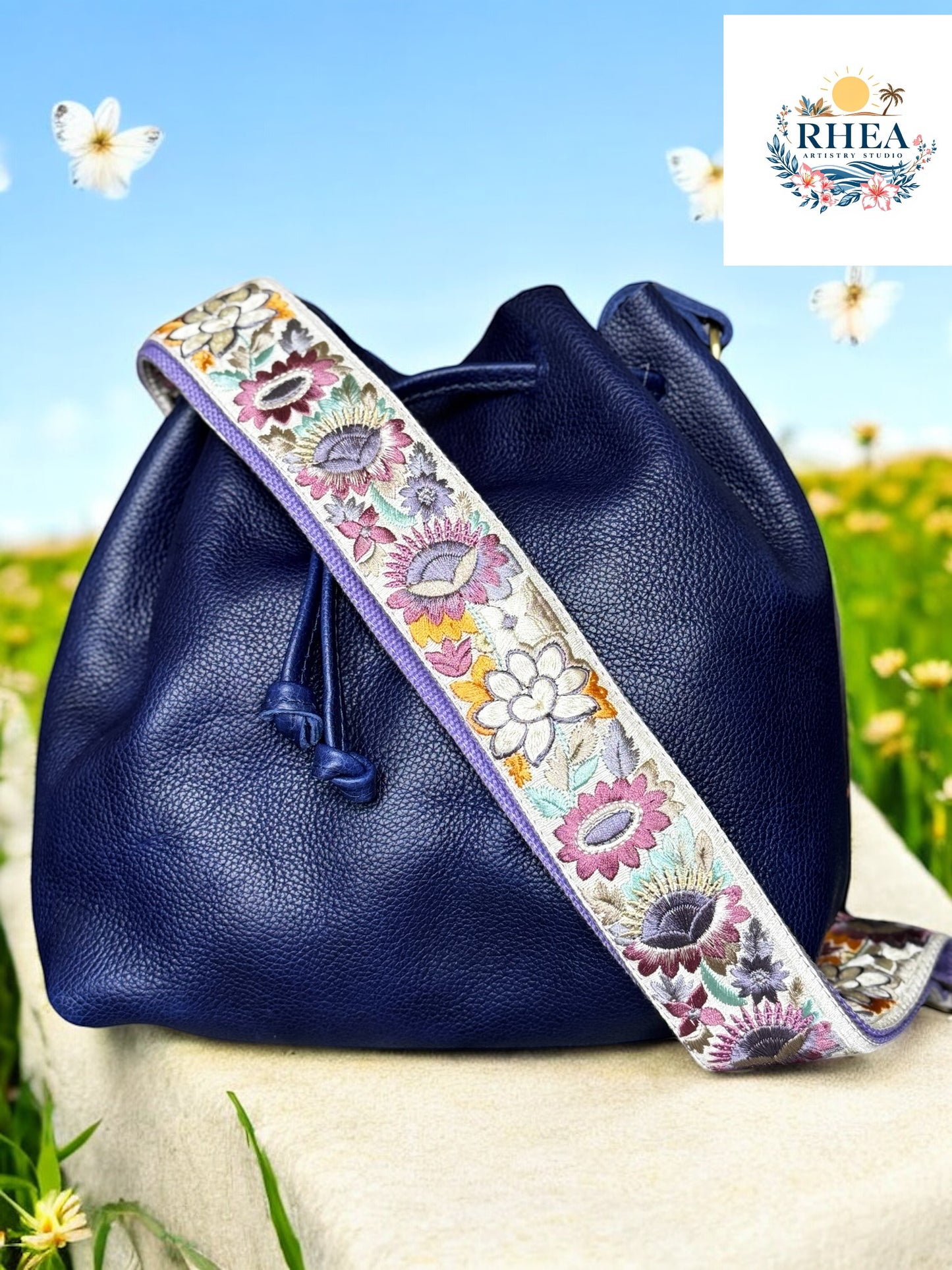 Ethically crafted embroidered replacement purse strap in lavender, featuring intricate sunflower motifs on a cream background.