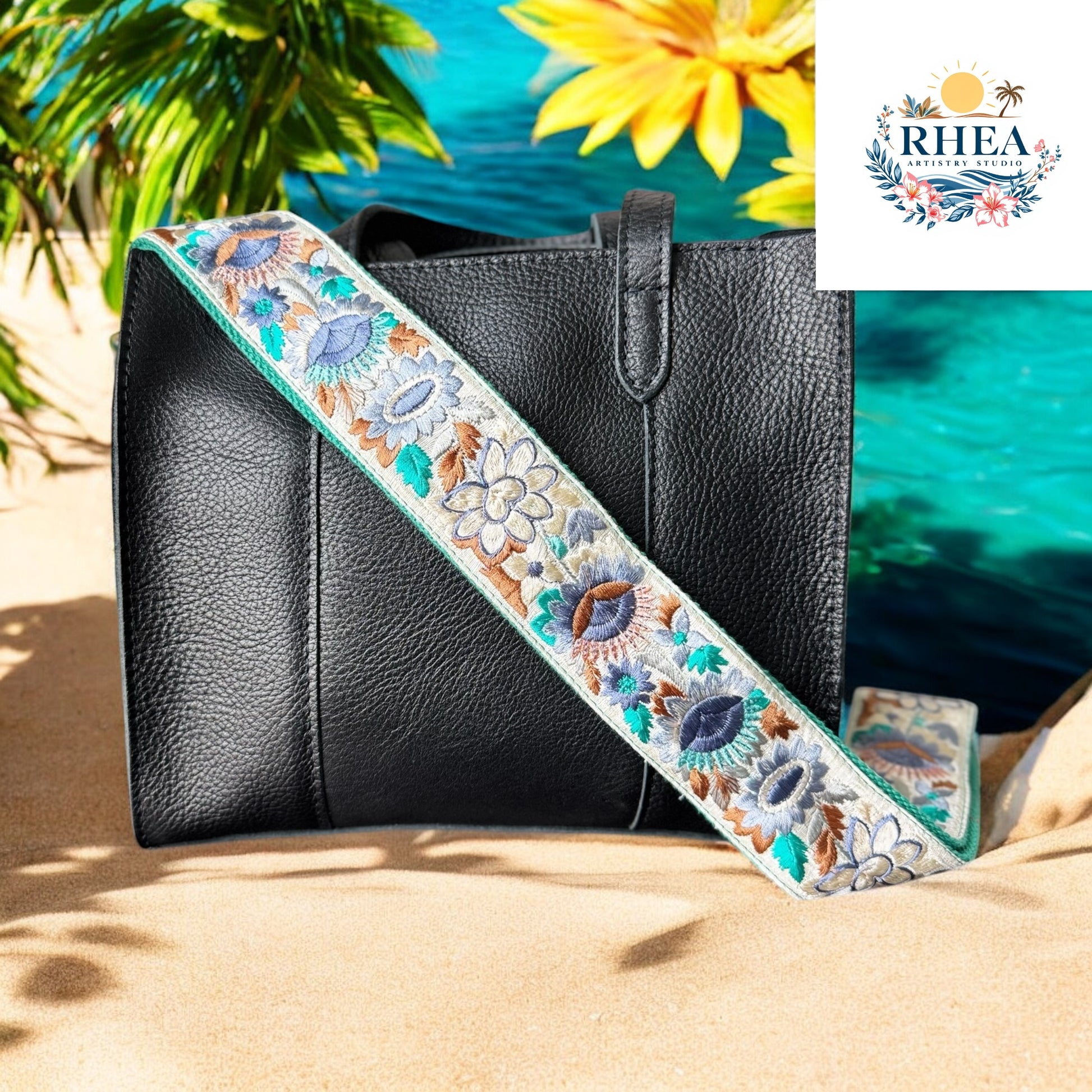 Ethically crafted embroidered replacement purse strap in sea foam green featuring intricate sunflower motifs on a cream background.