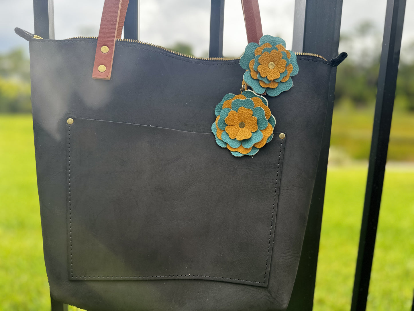 Everbloom Leather Flower Double - Turquoise and Yellow