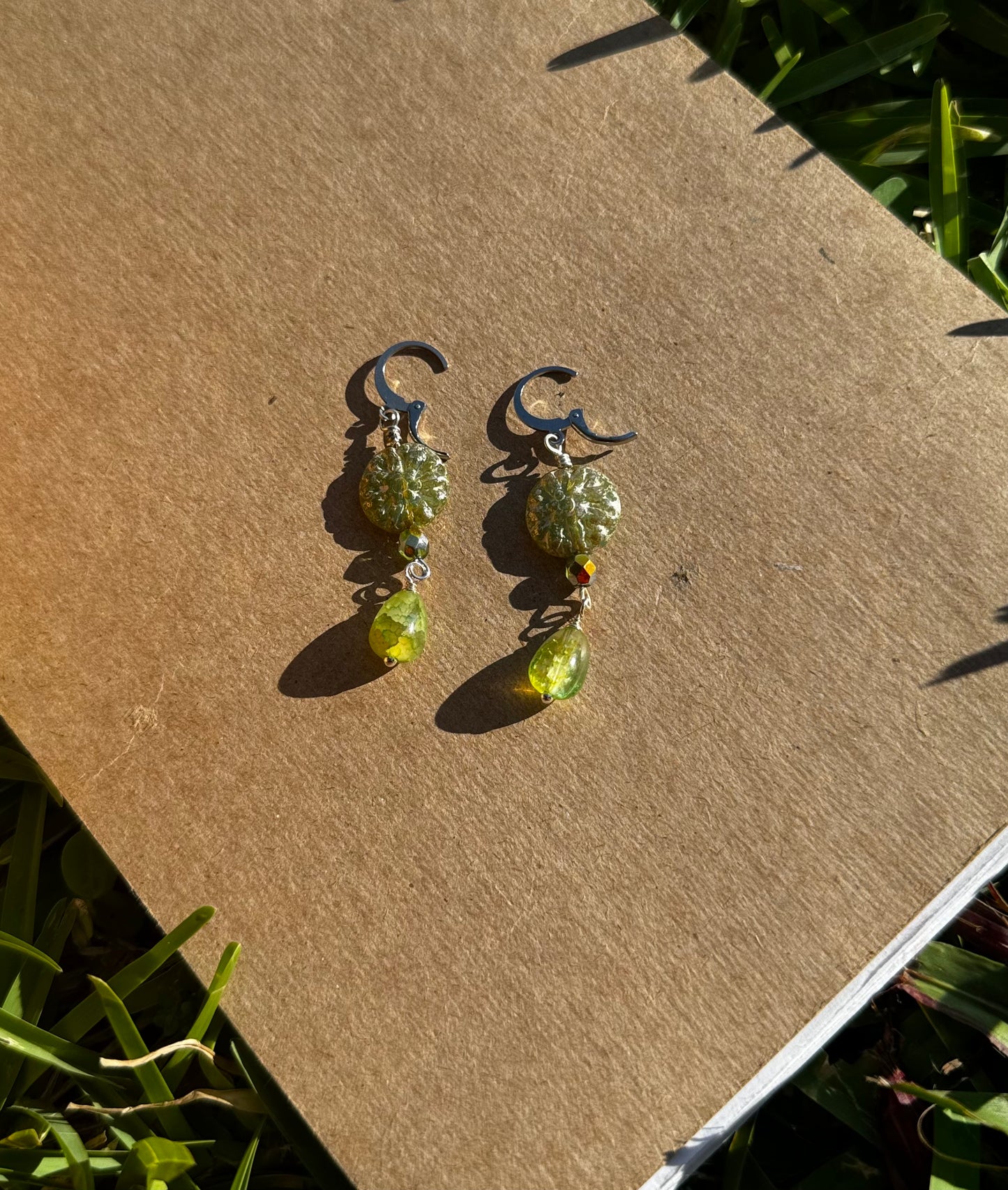 Avocado Green Dahlia Silver Earrings