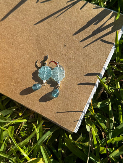 A pair of Daisy Blue Silver Drop Earrings with a blue gemstone, displayed on a brown cardboard surface outdoors.