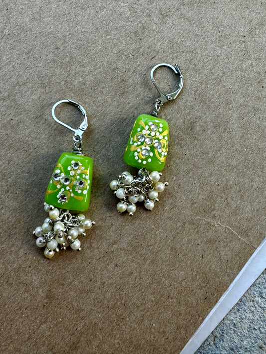 Lime Green Pearl Cluster Silver Earrings