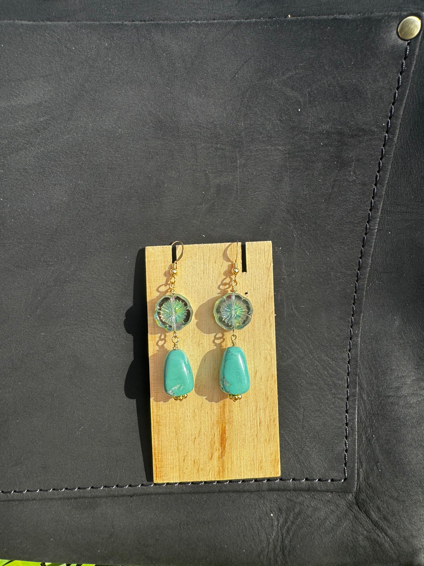 Turquoise Hibiscus Drop Earrings - Gold Filled