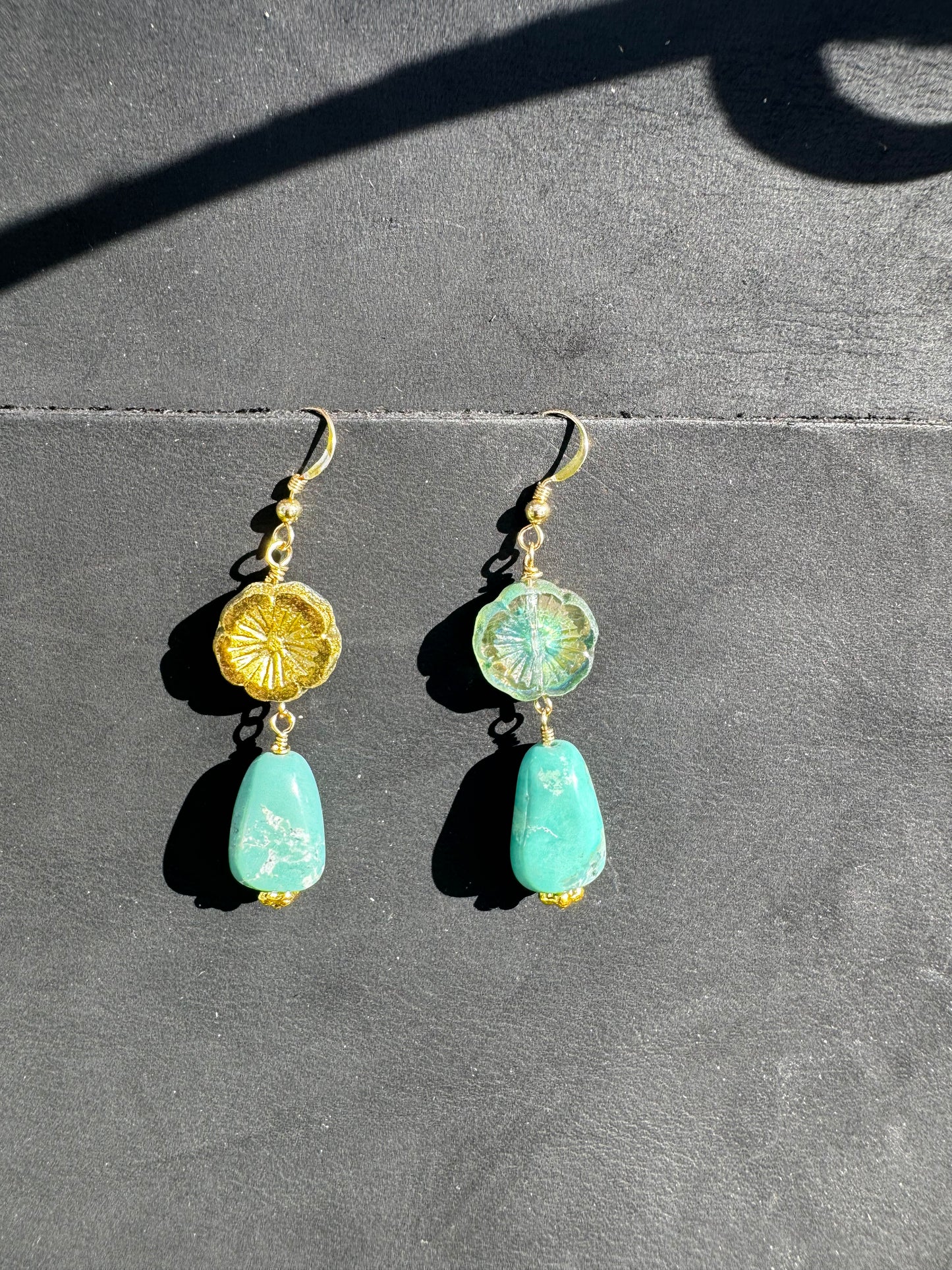 Turquoise Hibiscus Drop Earrings - Gold Filled