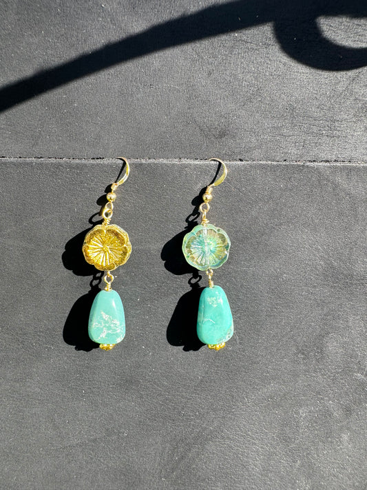 Turquoise Hibiscus Drop Earrings - Gold Filled