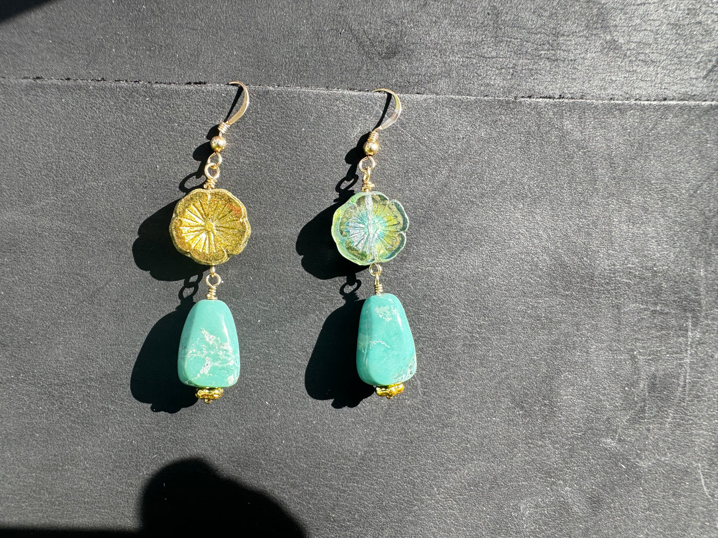 Turquoise Hibiscus Drop Earrings - Gold Filled