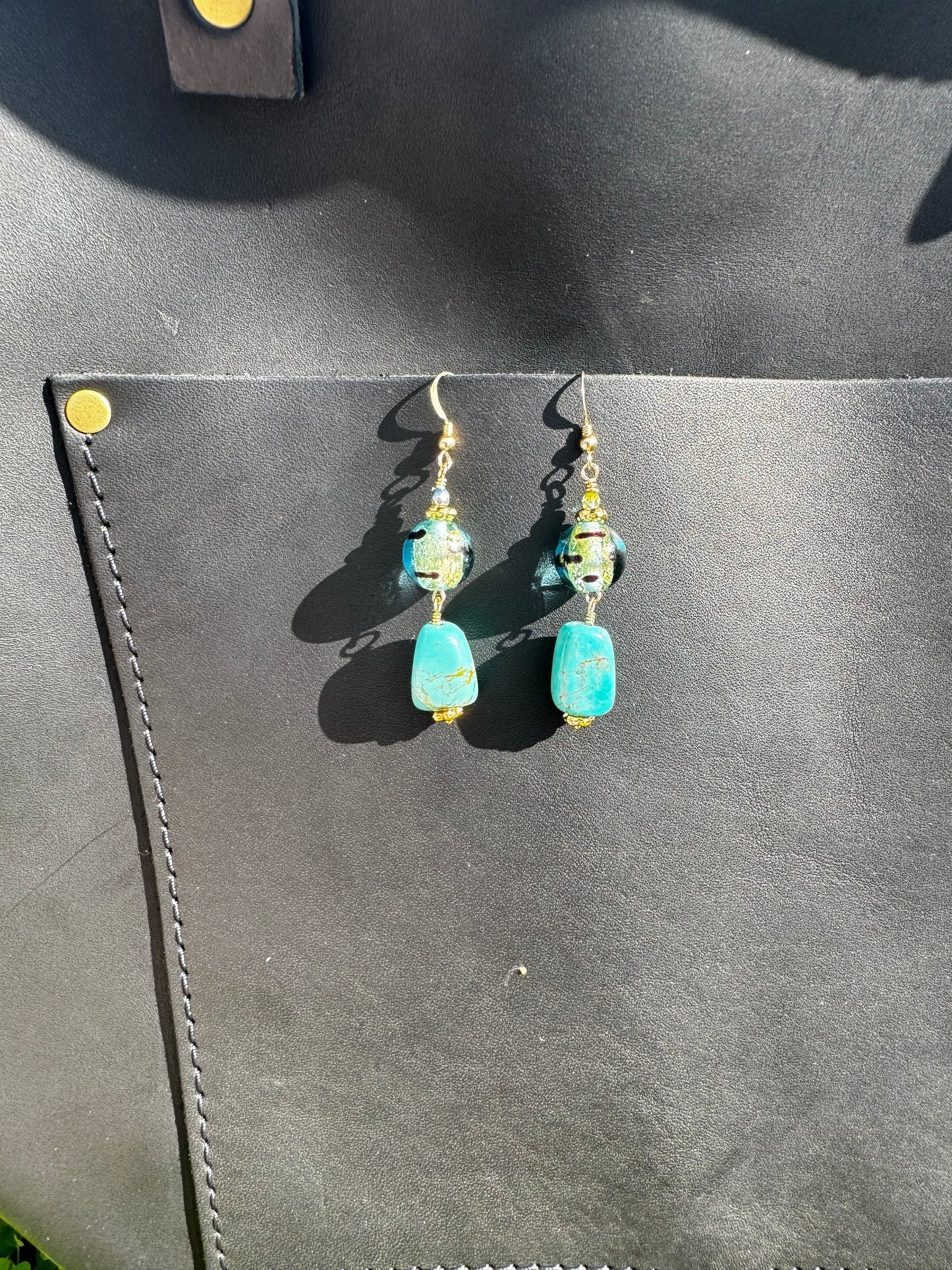 Turquoise Lamp Glass Drop Earrings - Gold Filled