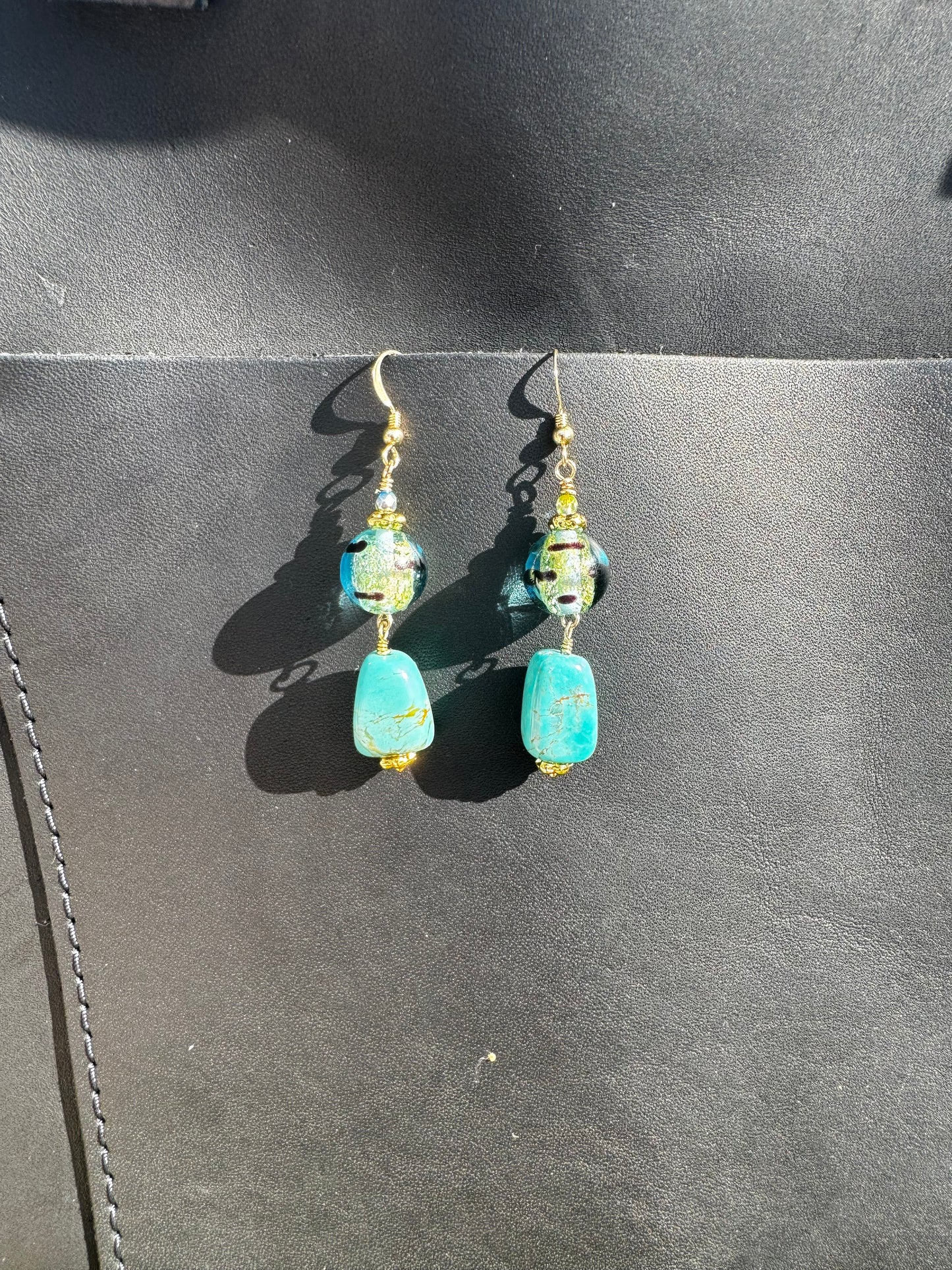 Turquoise Lamp Glass Drop Earrings - Gold Filled