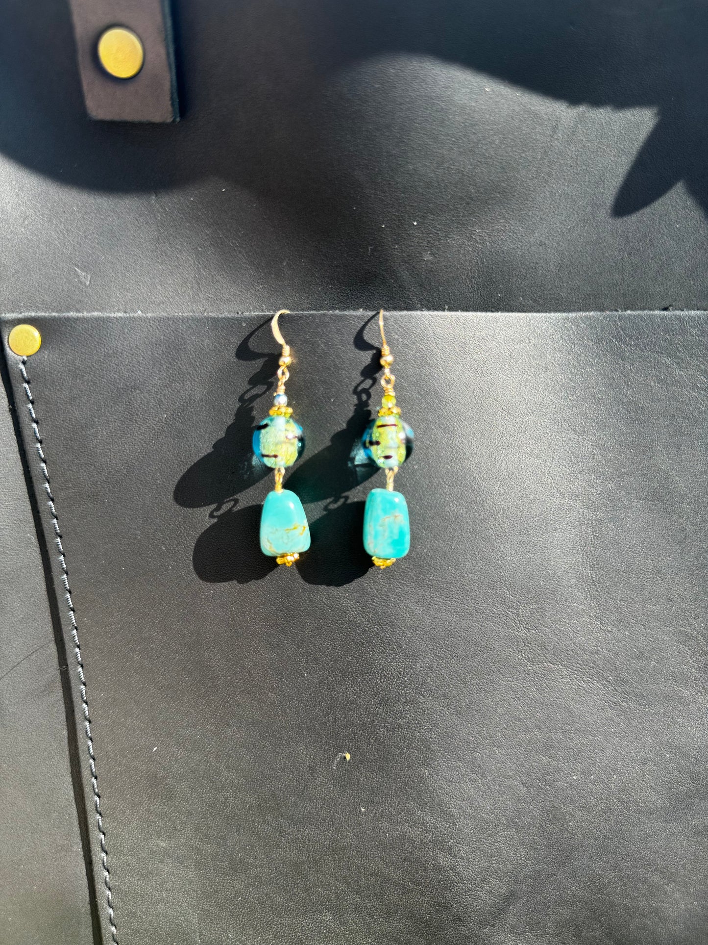 Turquoise Lamp Glass Drop Earrings - Gold Filled