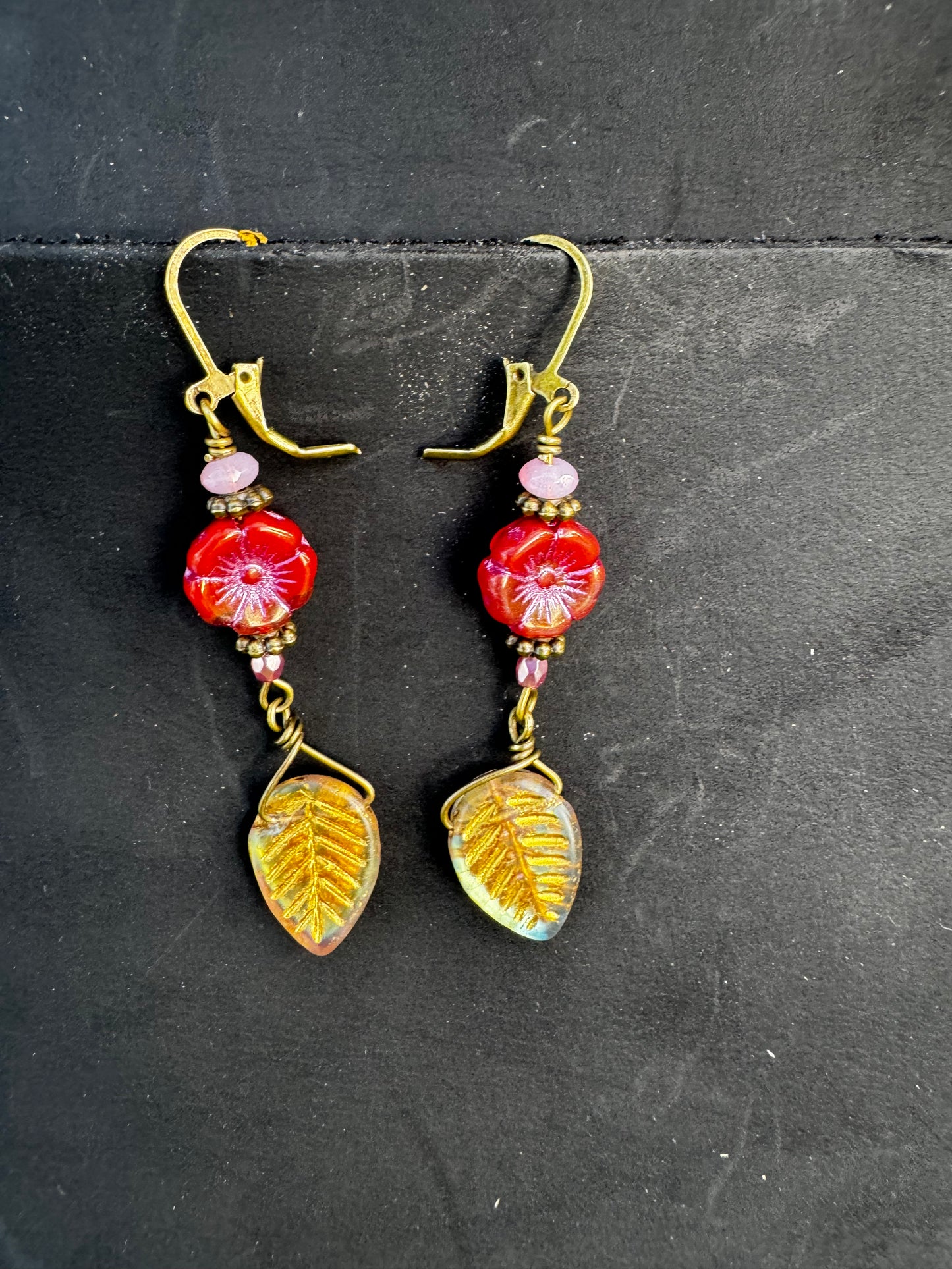 Red Hibiscus & Pink Bead Drop Earrings | Pink & Gold Floral Design