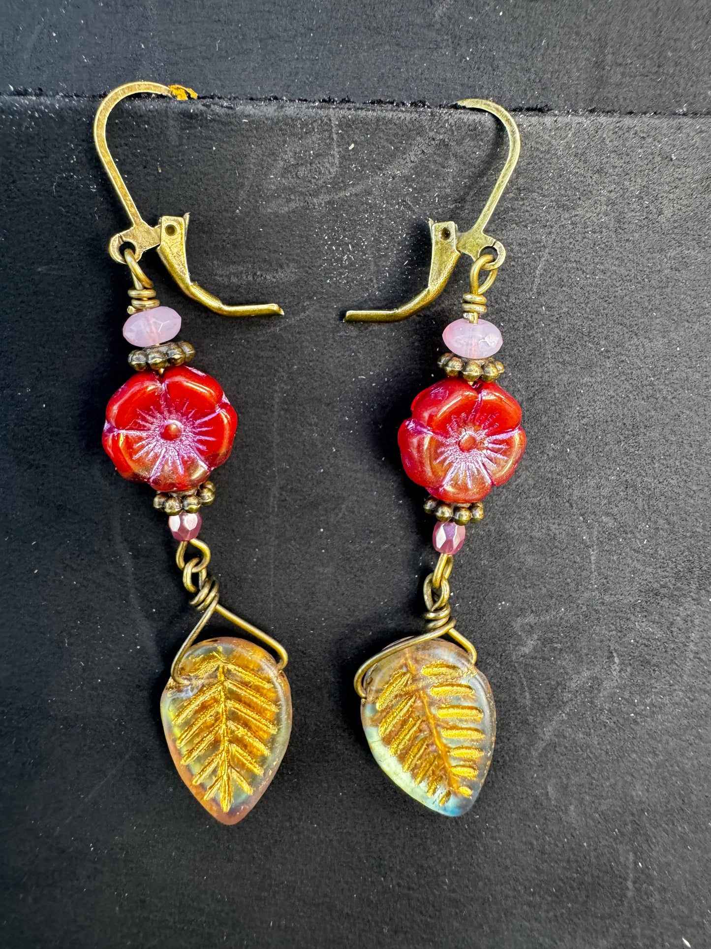 Red Hibiscus & Pink Bead Drop Earrings | Pink & Gold Floral Design