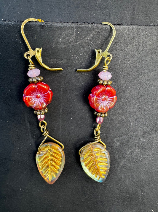 Red Hibiscus & Pink Bead Drop Earrings | Pink & Gold Floral Design