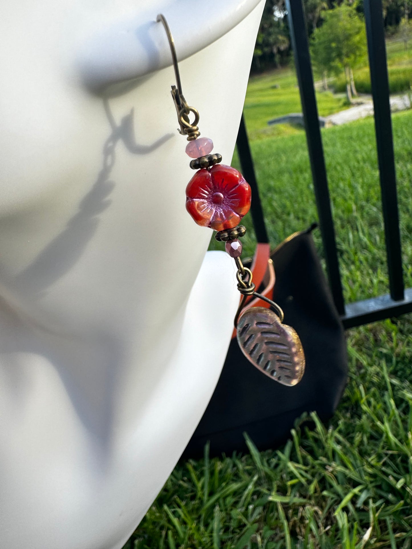 Red Hibiscus & Pink Bead Drop Earrings | Pink & Gold Floral Design