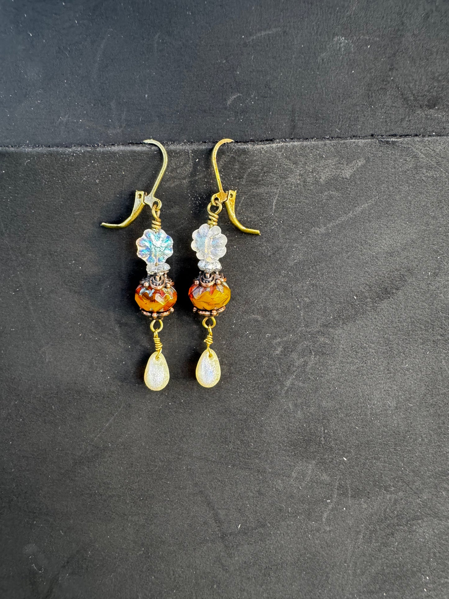 Brass & Silver Dahlia Drop Earrings | Mustard Bead & Gold Beige Accent