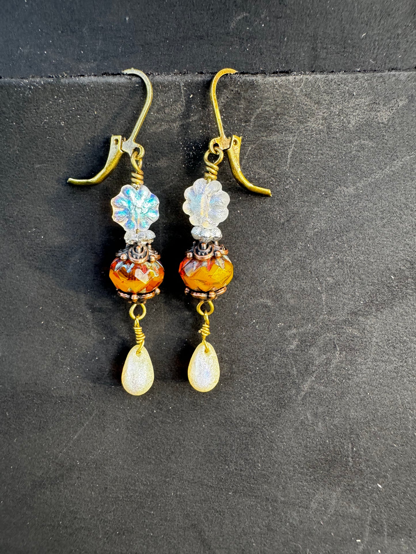 Brass & Silver Dahlia Drop Earrings | Mustard Bead & Gold Beige Accent