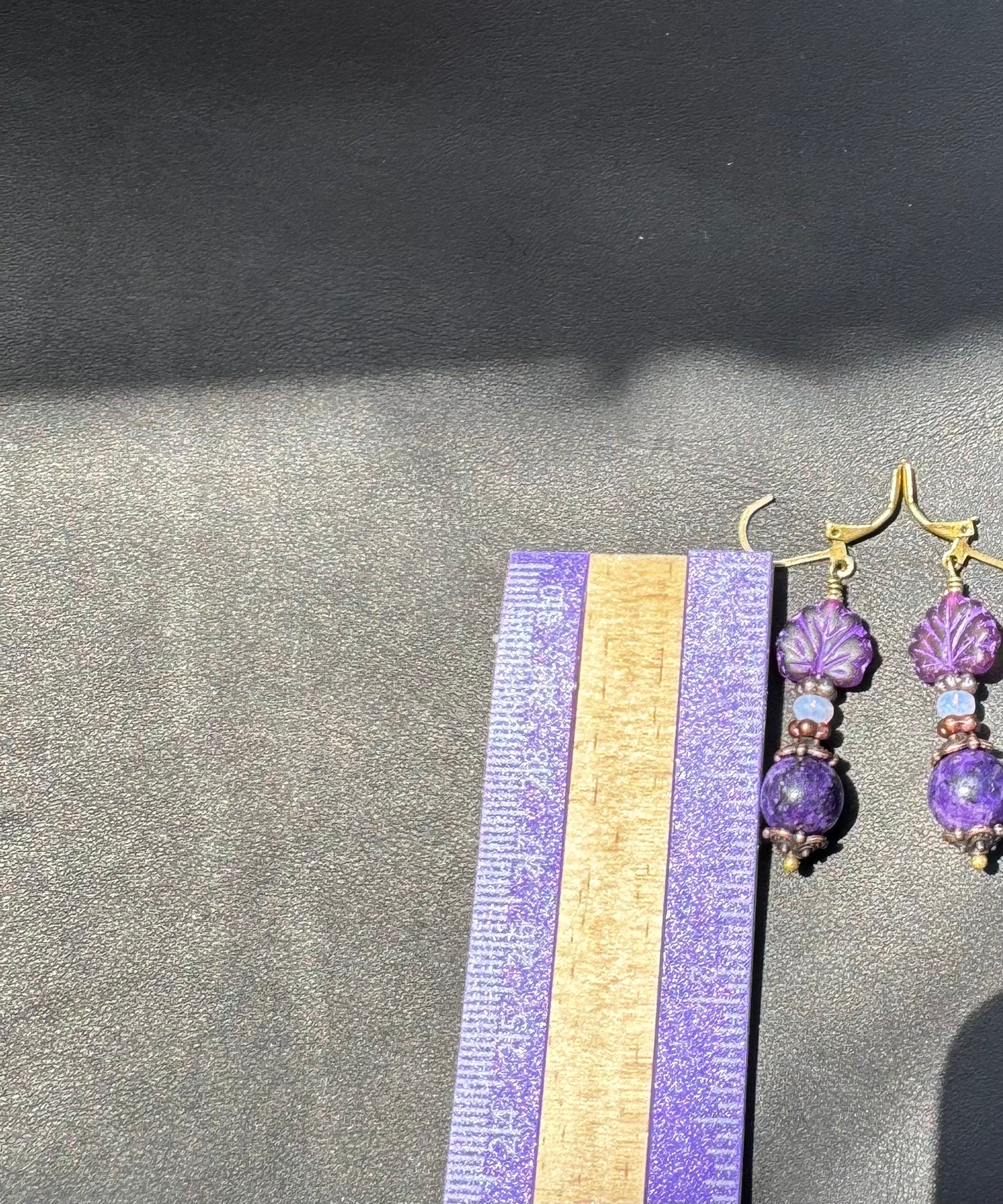 Purple Maple Leaf Earrings with Amethyst Gemstone & Brass Hardware