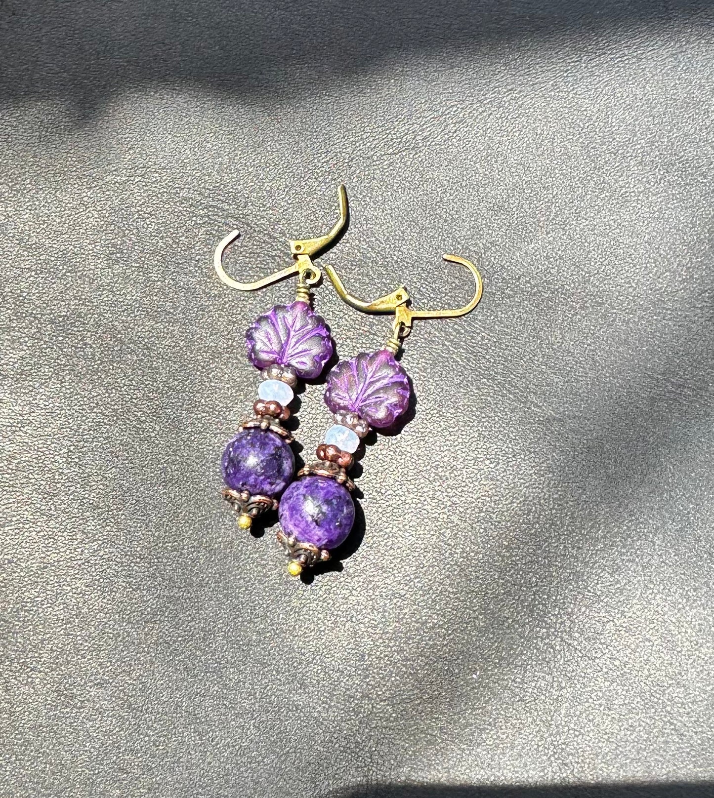 Purple Maple Leaf Earrings with Amethyst Gemstone & Brass Hardware