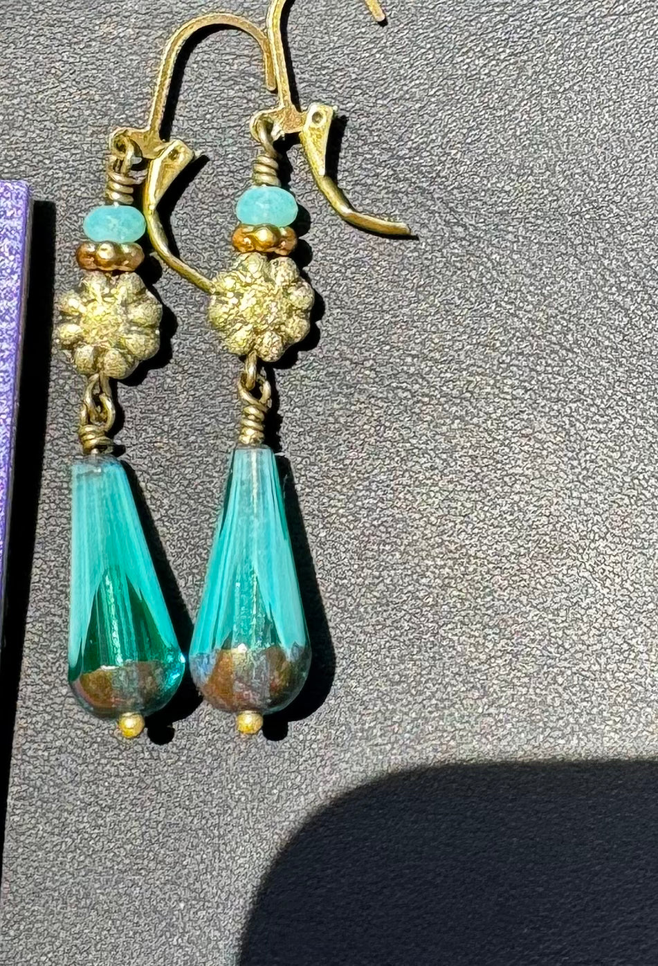 Long Turquoise & Gold Glass Drop Earrings