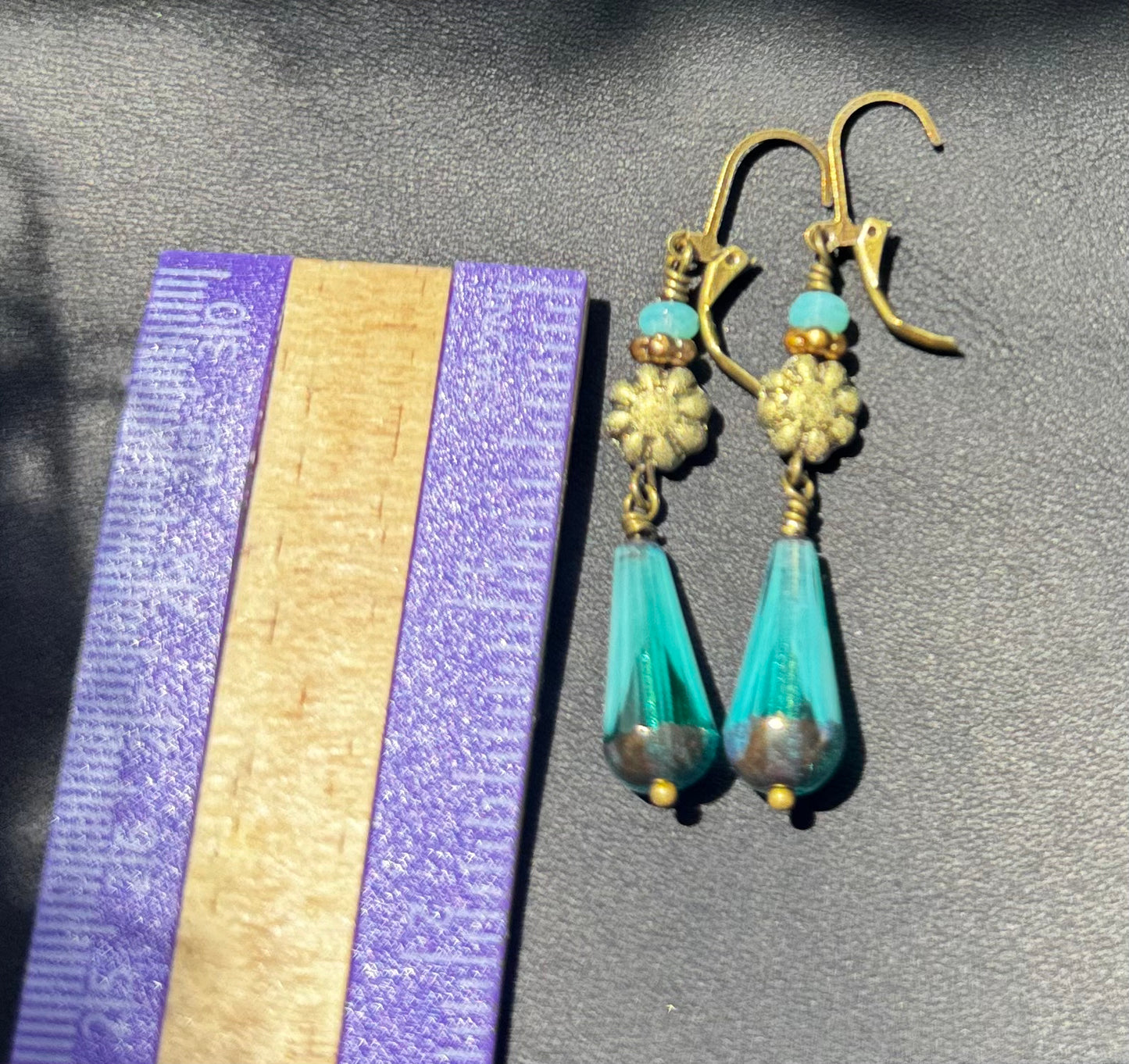 Long Turquoise & Gold Glass Drop Earrings