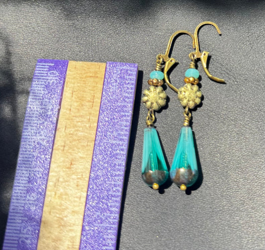 Long Turquoise & Gold Glass Drop Earrings