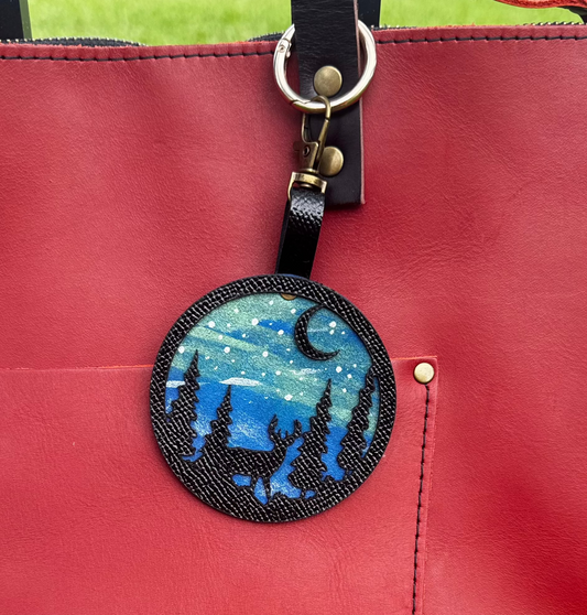 Handpainted Starry Night Leather Charm with Deer & Forest Design