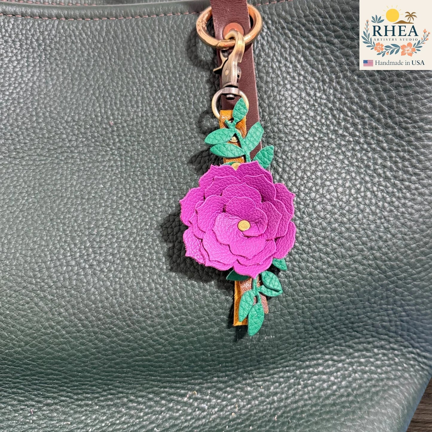 Handcrafted Full-Grain Leather Flower Keychain – 5” & 7” | Antique Brass Hardware