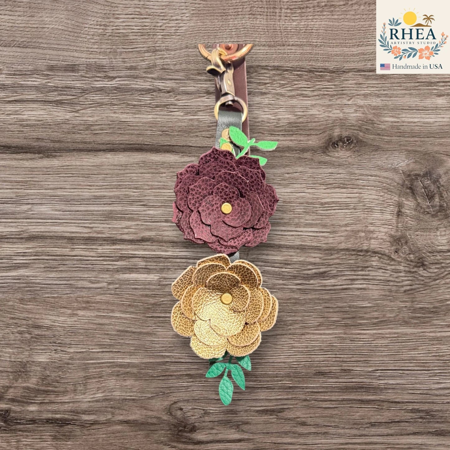 Handcrafted Full-Grain Leather Flower Keychain – 5” & 7” | Antique Brass Hardware