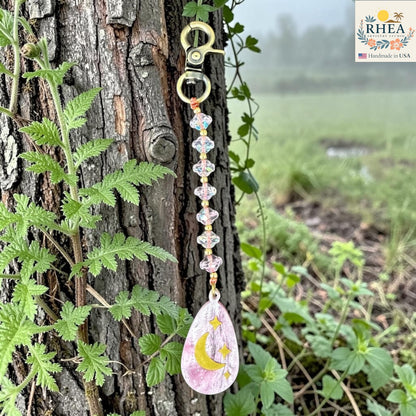 Decorative keychain with a teardrop pendant hanging on a tree branch with a natural background.