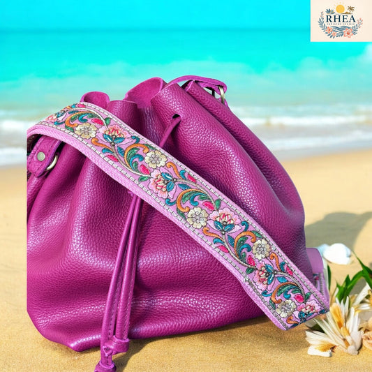 Pink strap with multicolor floral and scroll embroidery