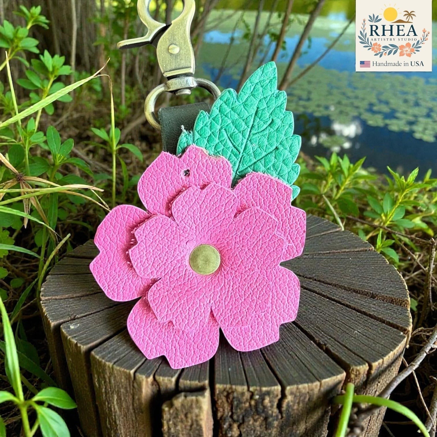 Pink layered leather rose charm with green engraved leaf