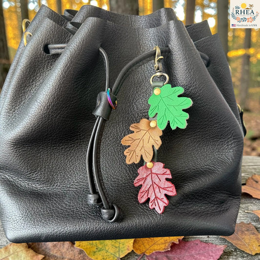 Maple Leaf Leather Bag Charm – Layered Fall Leaves with Vein Detail