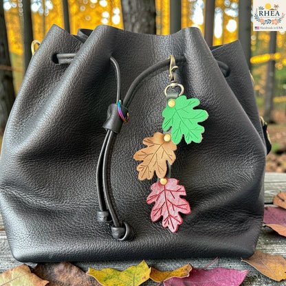 Maple Leaf Leather Bag Charm – Layered Fall Leaves with Vein Detail