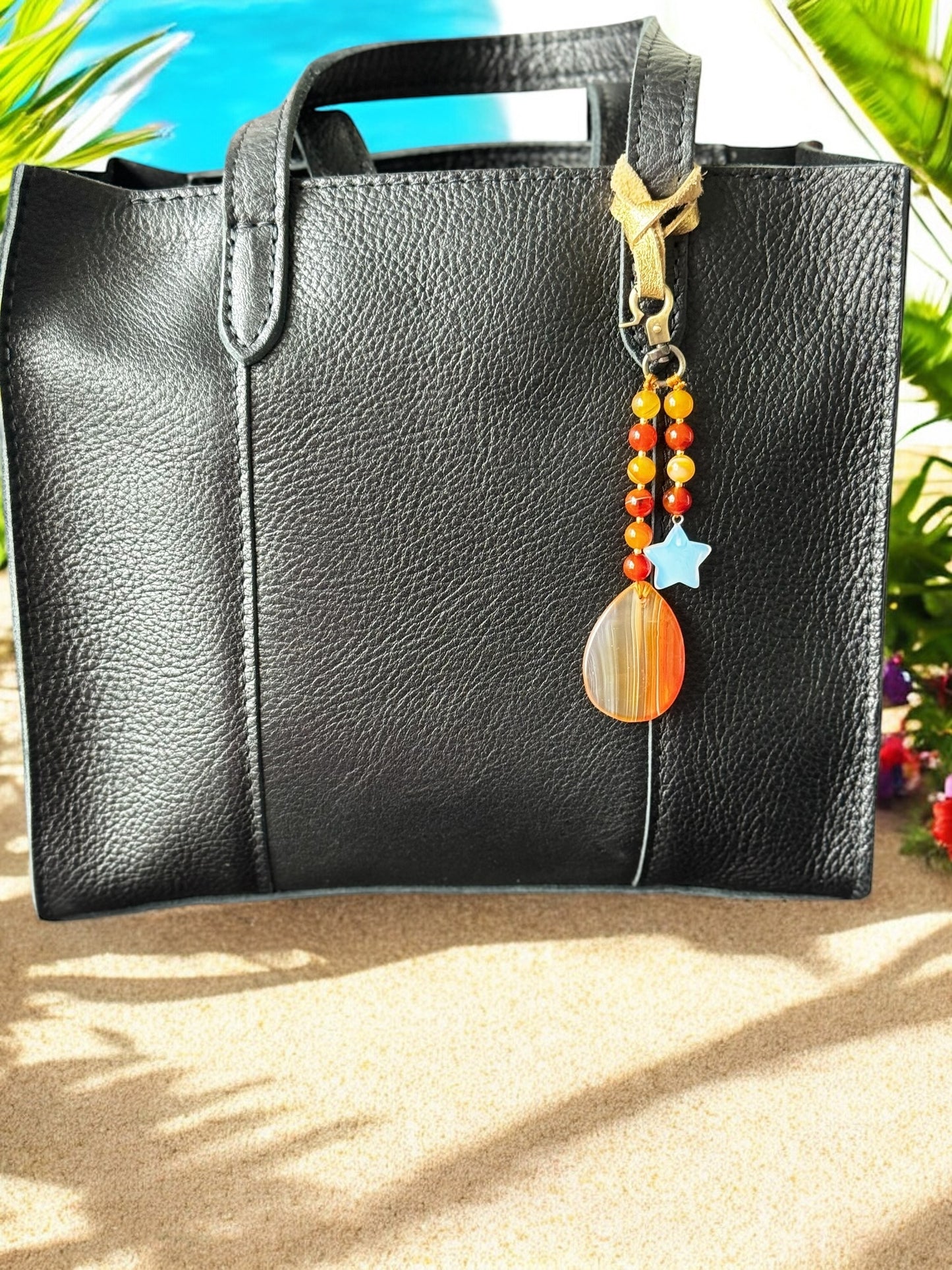 Fiery Gemstone Bag Charm – Agate Pendant with Moonstone Star, 5-Inch Beaded Accessory