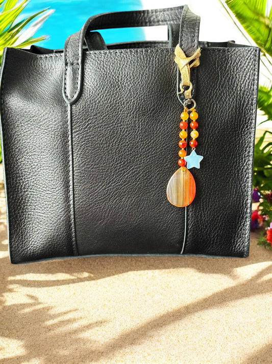 Fiery Gemstone Bag Charm – Agate Pendant with Moonstone Star, 5-Inch Beaded Accessory