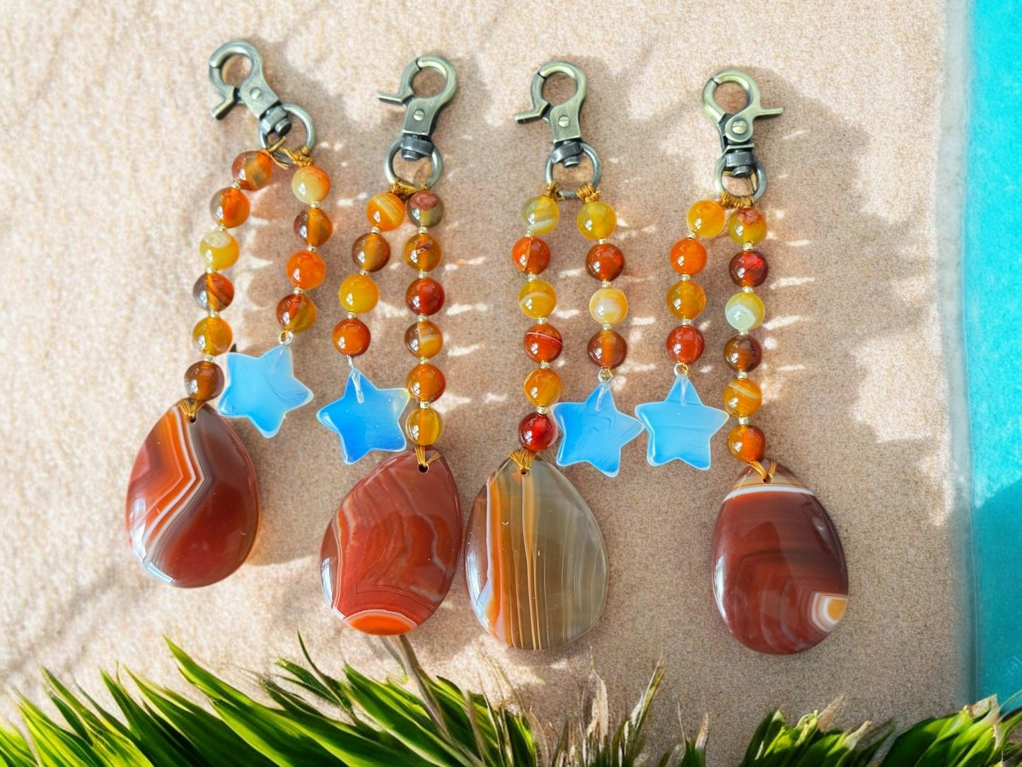 Fiery Gemstone Bag Charm – Agate Pendant with Moonstone Star, 5-Inch Beaded Accessory