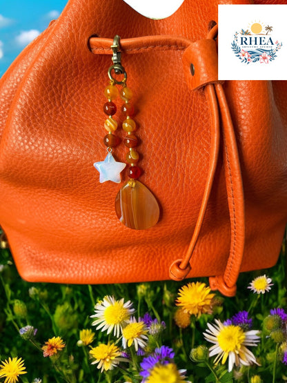 Fiery Gemstone Bag Charm – Agate Pendant with Moonstone Star, 5-Inch Beaded Accessory