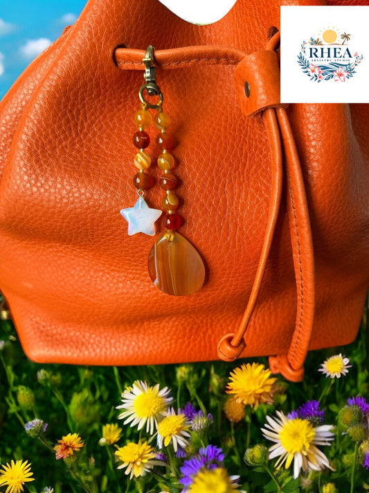 Fiery Gemstone Bag Charm – Agate Pendant with Moonstone Star, 5-Inch Beaded Accessory