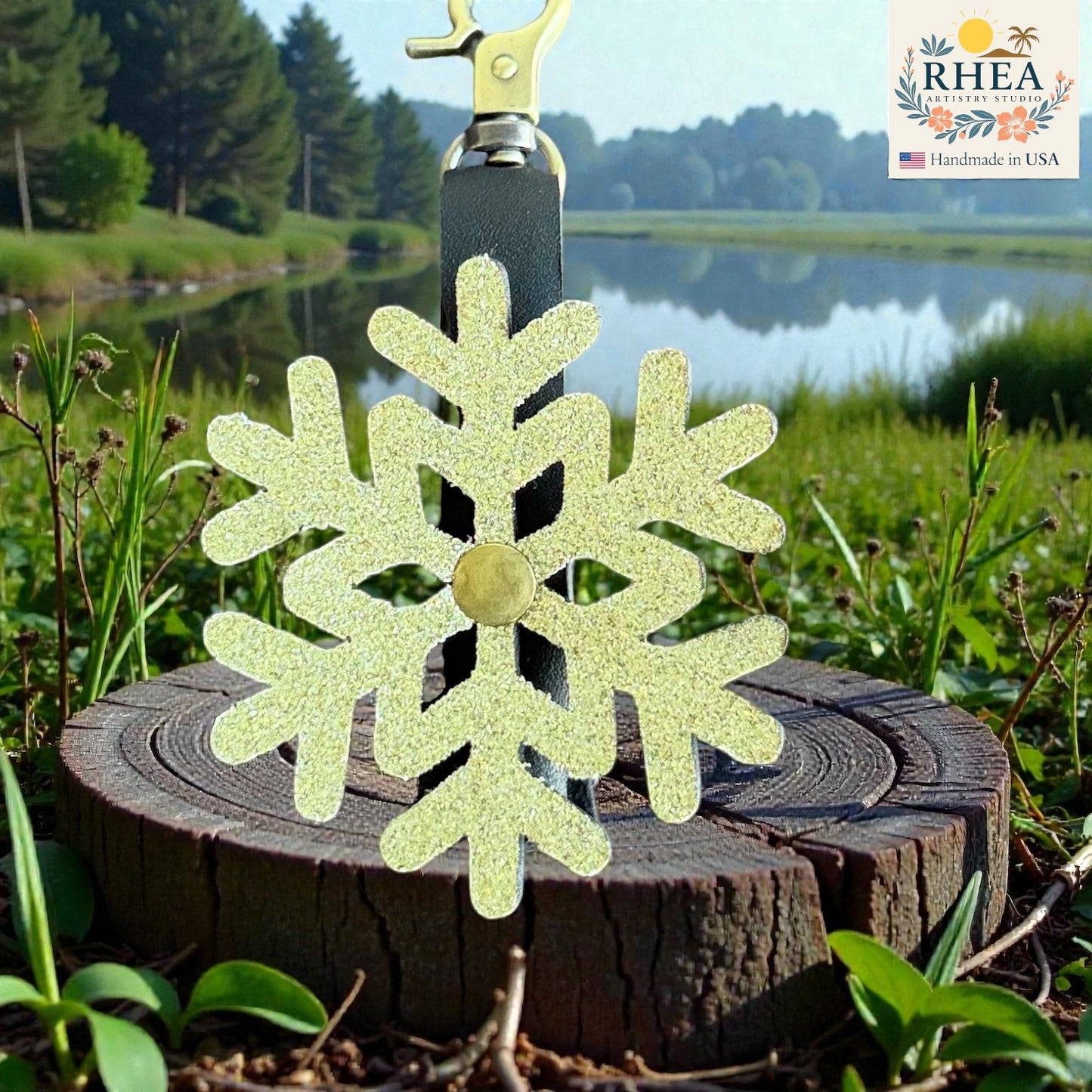 Leather snowflake mini charm with brass
 hardware