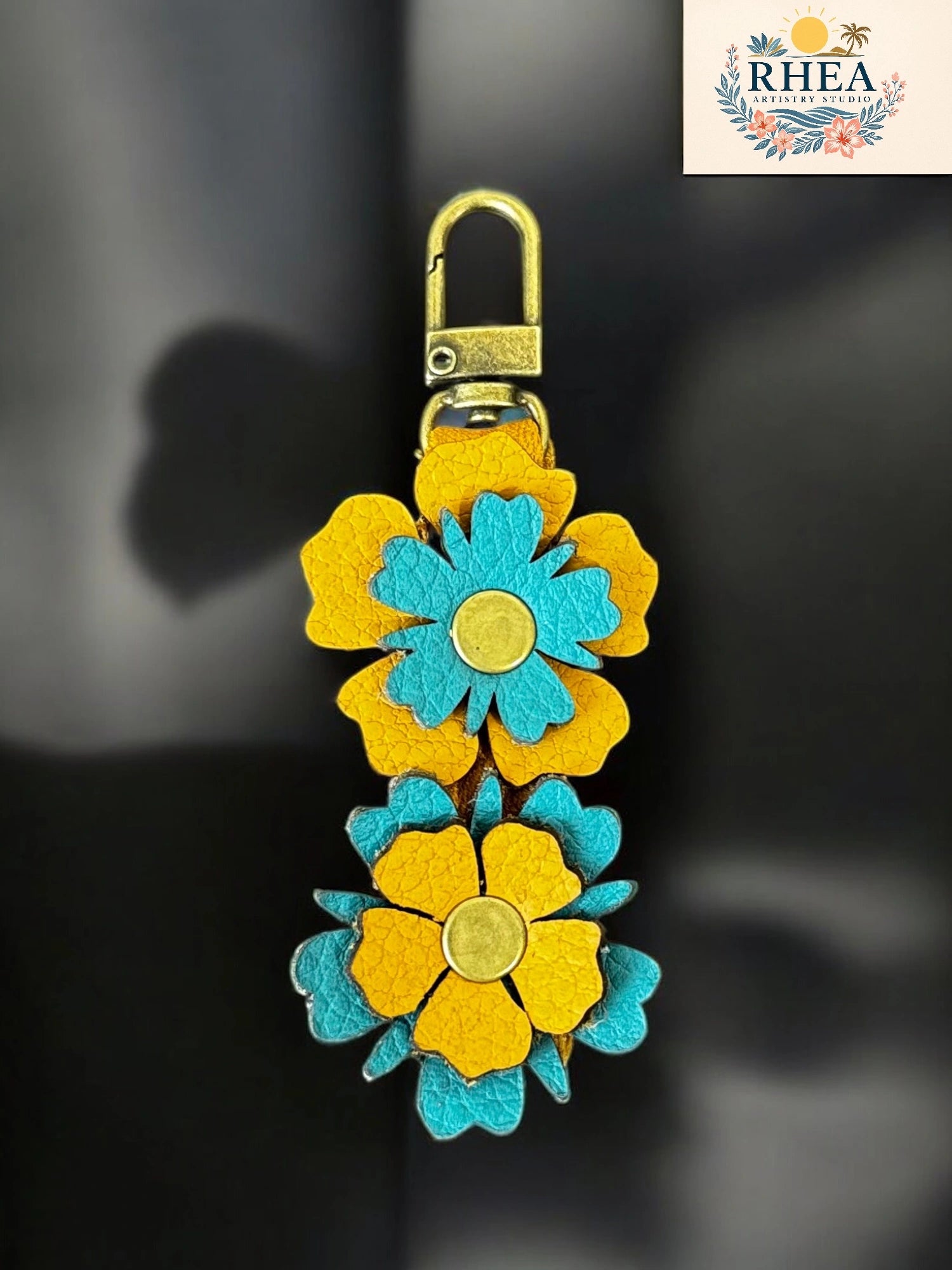 Mustard yellow with turquoise stacked leather wild flowers with lobster clasp