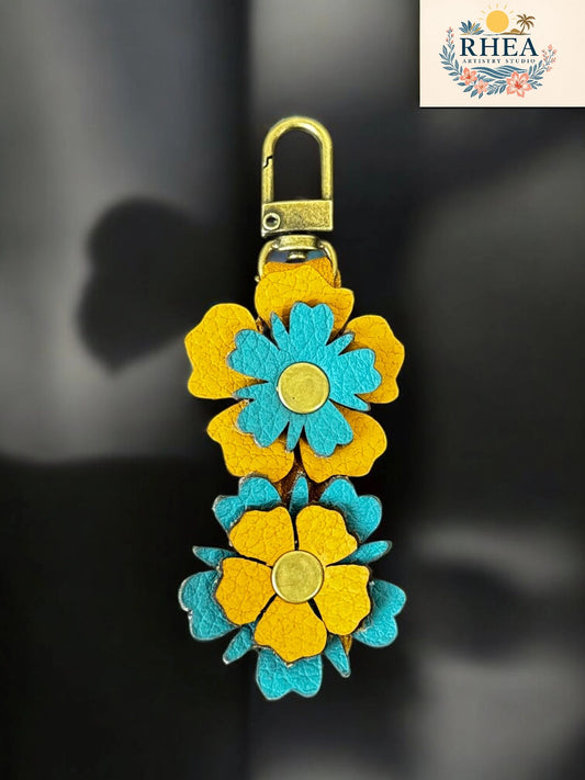 Mustard yellow with turquoise stacked leather wild flowers with lobster clasp
