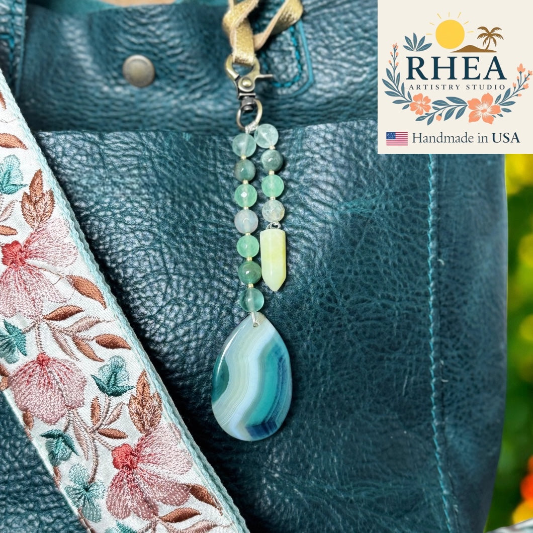 Artisan Atlantic Haze double-strand gemstone keychain charm, handmade accessory designed for purses, handbags, and keyrings.