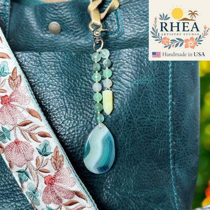 Artisan Atlantic Haze double-strand gemstone keychain charm, handmade accessory designed for purses, handbags, and keyrings.
