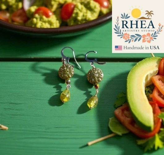 Handcrafted Avocado Green Dahlia Silver earrings featuring Czech beads, artisan-made with a bold floral design.