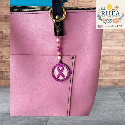 Elegant handmade Awareness bag charm and keychain accessory, crafted for purses, handbags, and tote bags with a meaningful touch.