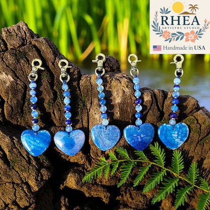 Handcrafted Blue Agate Heart bag charm from the Celestial Charms Collection, designed as a gemstone purse and keychain accessory.