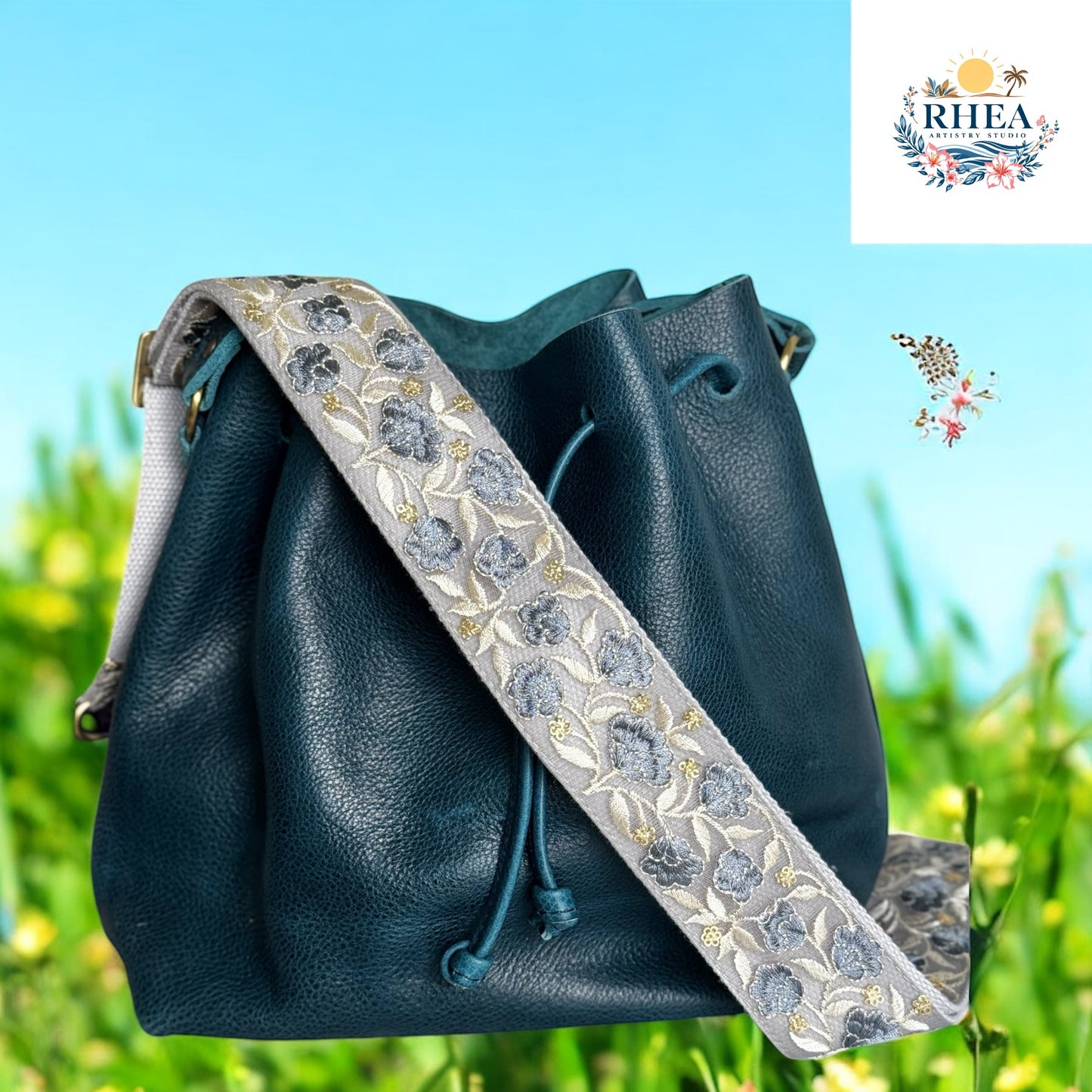 Dusty Blue Bloom floral embroidered bag strap with teal leather bucket bag